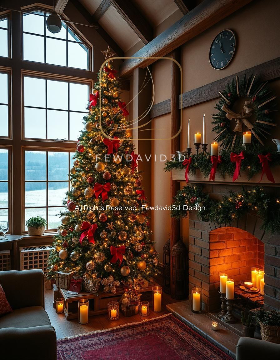 Cozy Christmas interior decoration inside Flint Barns, a historical building located in Cradle Valley at the western end of Rathfinny Wine Estate. The room is decorated with rustic and elegant Christmas decor, including a large Christmas tree adorned with classic ornaments, twinkling fairy lights, and red ribbons. The fireplace is lined with garlands of pine, holly, and glowing candles. Windows offer a view of the picturesque South Downs National Park, adding a serene winter landscape in the background. Warm lighting and wooden beams create an inviting, festive atmosphere, blending tradition with a touch of holiday magic