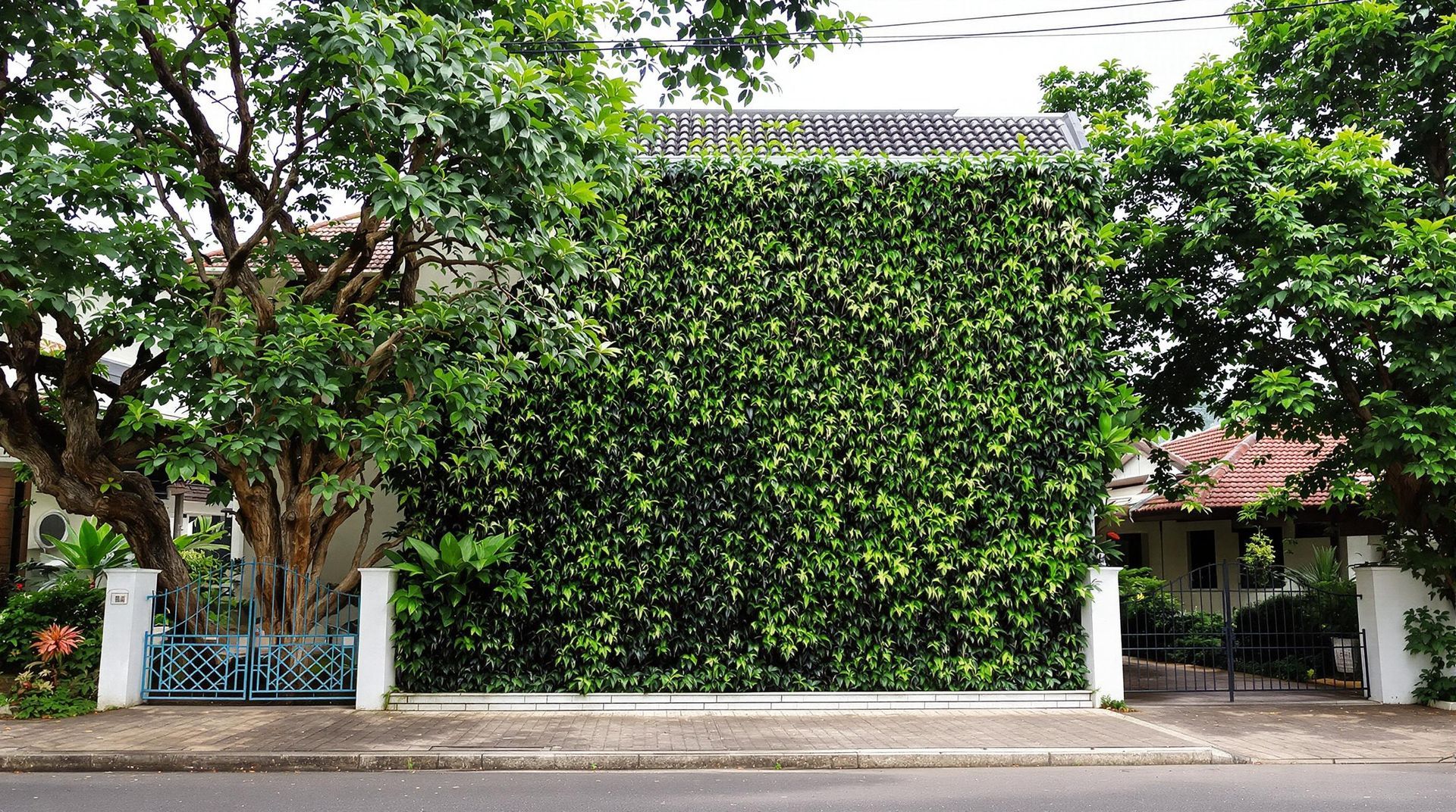 ภาพบ้านที่มี Green Wall หรือสวนแนวตั้งบริเวณผนังบ้าน ด้านนอกมีต้นไม้ใหญ่ เช่น ต้นลิ้นมังกรและต้นยางอินเดีย พร้อมบรรยากาศสีเขียวสดชื่น ต้นไม้ช่วยบังฝุ่นจากถนนใหญ่ด้านหน้า