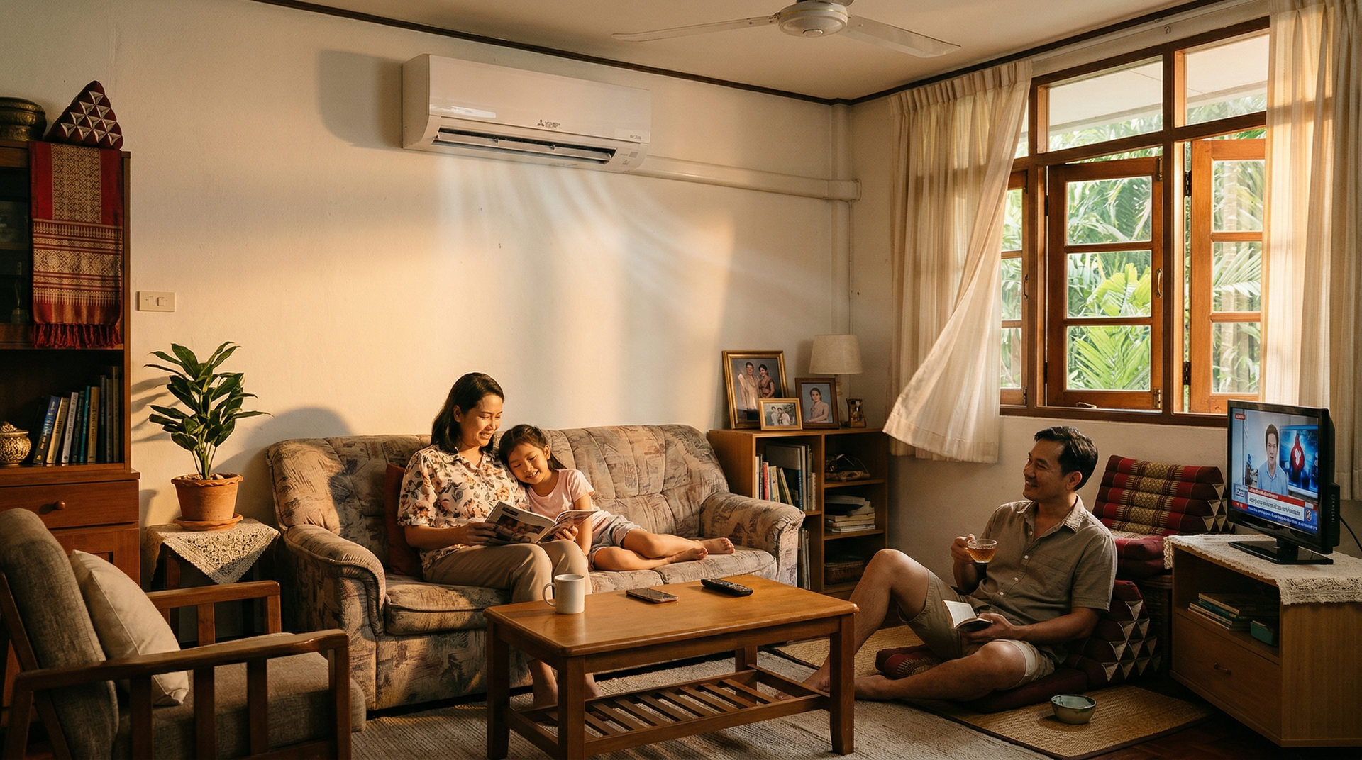 Thai family sitting together in a living room enjoying cool air from a wall air conditioner, relaxed evening atmosphere, people talking happily, feeling of trust and recommendation between family members, warm lighting, natural lifestyle photography, documentary realism, cinematic composition, ultra detailed