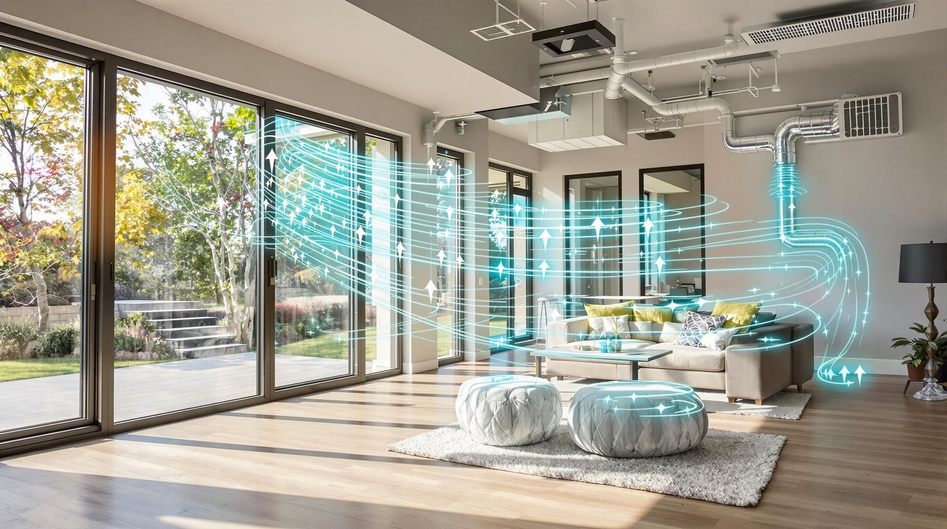 ภาพแสดงระบบระบายอากาศในบ้านสมัยใหม่ ระบบ Positive Pressure Ventilation พร้อมท่ออากาศที่มี HEPA Filter ด้านใน ภาพประกอบด้วยบ้านสไตล์โมเดิร์น หน้าต่าง Double Glazing มีแสงธรรมชาติส่องเข้ามา พร้อมไอคอนลูกศรแสดงการไหลเวียนของอากาศสะอาด