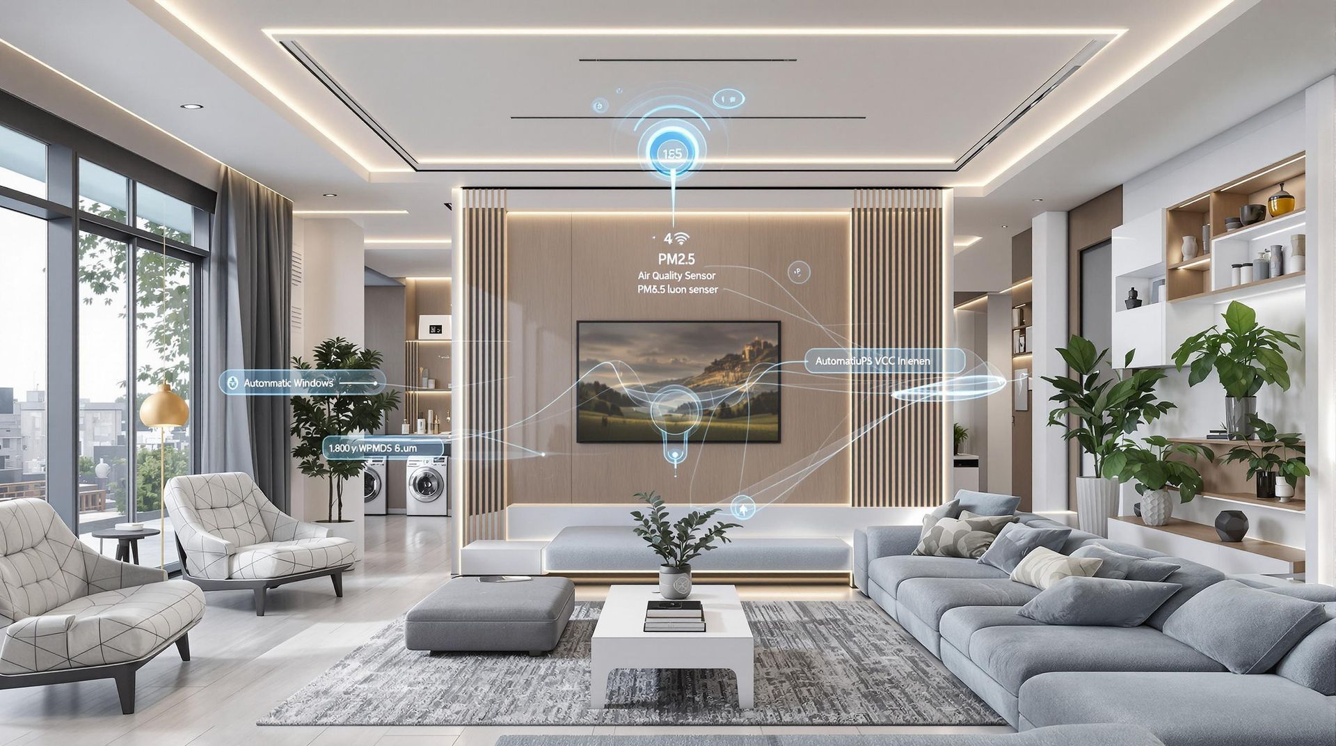 ภาพบ้าน Smart Home ที่ติดตั้งระบบตรวจวัดค่าฝุ่น PM2.5 มีหน้าจอแสดงค่าฝุ่นต่ำ พร้อมระบบควบคุมการเปิด-ปิดหน้าต่างอัตโนมัติ และวัสดุในบ้านที่ลด VOC ตกแต่งสไตล์ทันสมัย