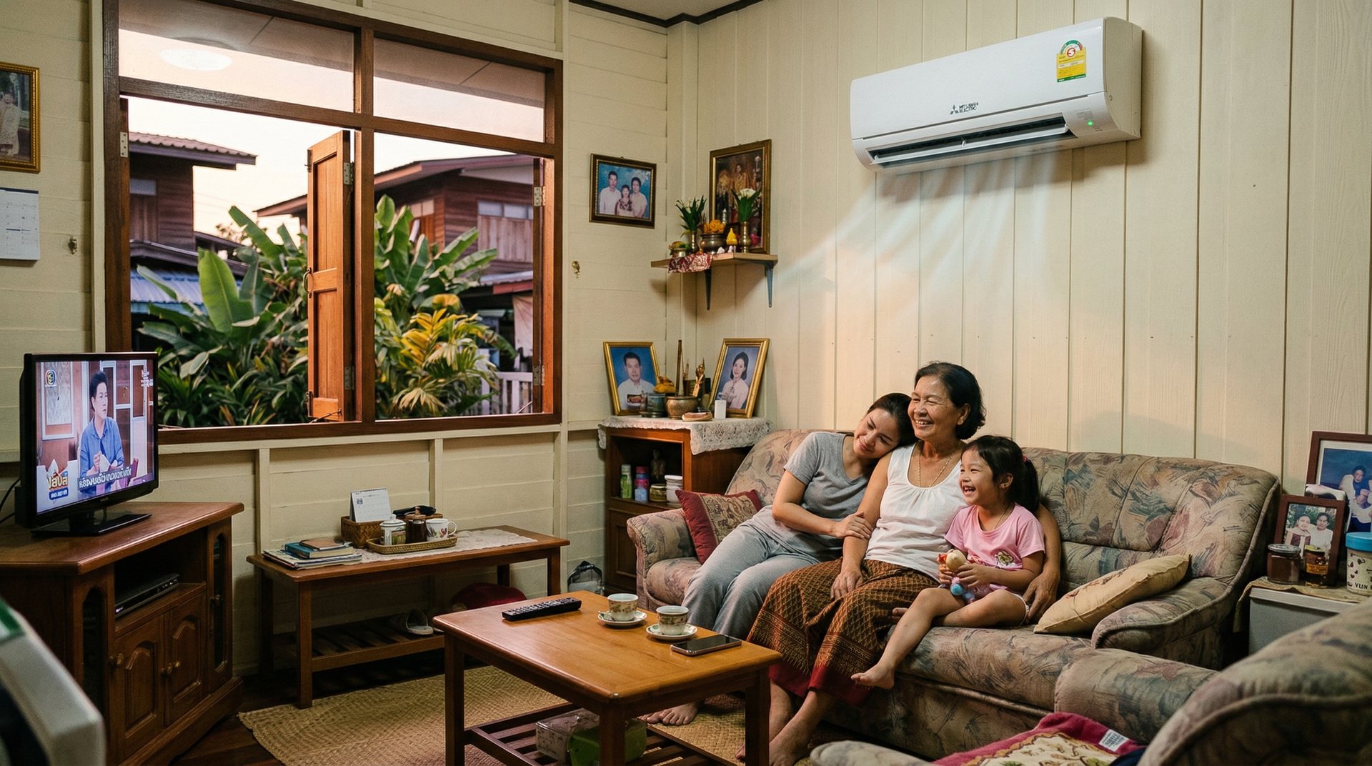 photorealistic interior of a modest Thai living room with a Mitsubishi Electric wall air conditioner quietly running, soft cool airflow visible in the warm tropical room, family relaxing comfortably, evening light through wooden windows, calm atmosphere, sense of long-lasting reliability, documentary photography style, natural colors, realistic lighting, 35mm photography, ultra detailed