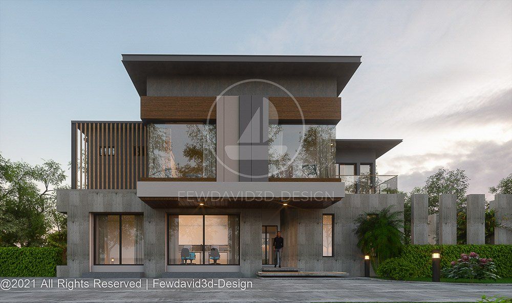 โฮมออฟฟิศ 2 ชั้น สไตล์โมเดิร์นหรูหรา มี 4 ห้องนอน 6 ห้องน้ำ พร้อมการออกแบบที่เน้นความโปร่งโล่งและพื้นที่สีเขียวรอบตัวอาคาร