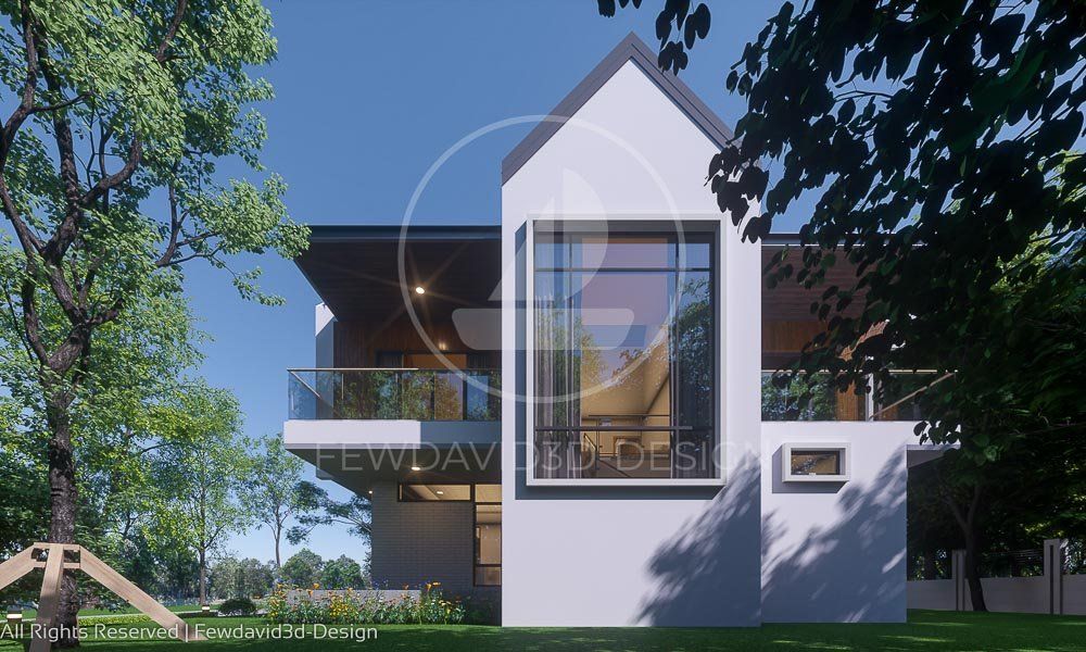 บ้านพักหลังคาจั่วสไตล์โมเดิร์น สองชั้น พร้อมพื้นที่สีเขียวสบายตา ออกแบบโดย FEWDAVID3D