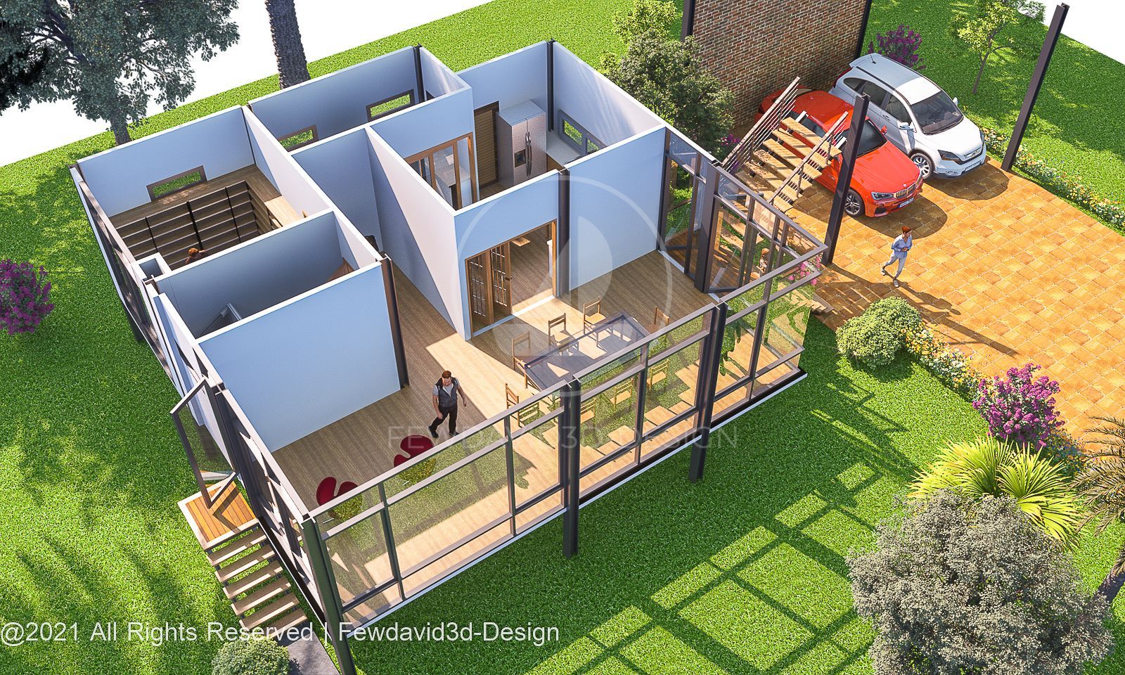 มุมมองจากด้านนอก แสดงห้องทำงานและระเบียงพักผ่อน บ้านออกแบบโดย FEWDAVID3D-DESIGN พร้อมผนังกระจกเชื่อมต่อธรรมชาติ