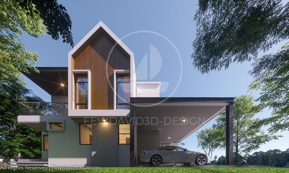 บ้านพักหลังคาจั่วสไตล์โมเบ้านพักหลังคาจั่วสไตล์โมเดิร์น สองชั้น พร้อมพื้นที่สีเขียวสบายตา ออกแบบโดย FEWDAVID3Dดิร์น สองชั้น พร้อมพื้นที่สีเขียวสบายตา ออกแบบโดย FEWDAVID3D