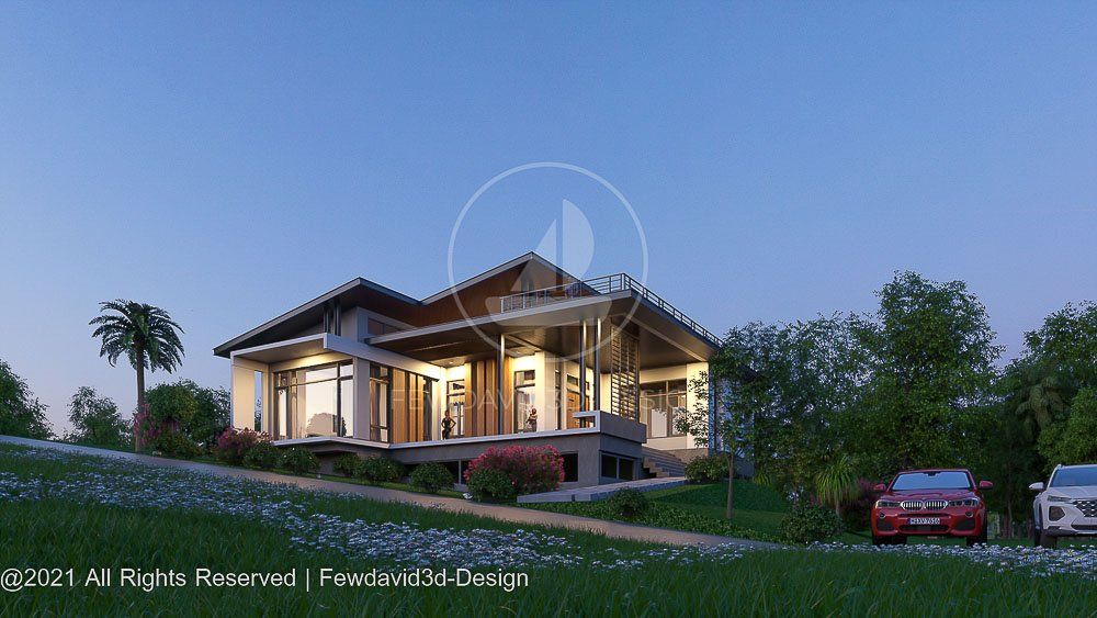 ออกแบบบ้านโมเดิร์นชั้นเดียว หลังคาเพิงหมาแหงน ใช้โทนสีขาว-ดำ รับออกแบบบ้านโมเดิร์น
