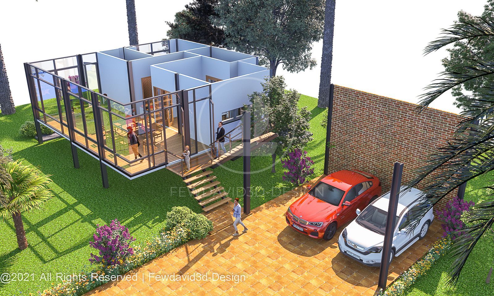 บ้านสไตล์โมเดิร์นพร้อมที่จอดรถใต้ตัวบ้าน ออกแบบโดย FEWDAVID3D-DESIGN บริเวณสนามหญ้าและสวน