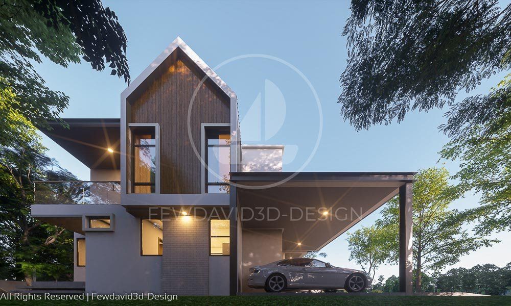 บ้านพักหลังคาจั่วสไตล์โมเดิร์น สองชั้น พร้อมพื้นที่สีเขียวสบายตา ออกแบบโดย FEWDAVID3D