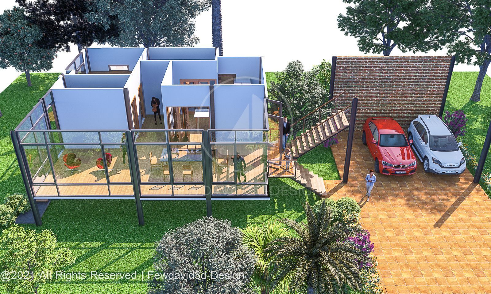 บ้านชั้นล่างที่มีครัวไทยและที่จอดรถ ออกแบบโดย FEWDAVID3D-DESIGN พร้อมพื้นที่ระเบียงนั่งเล่นและสวน
