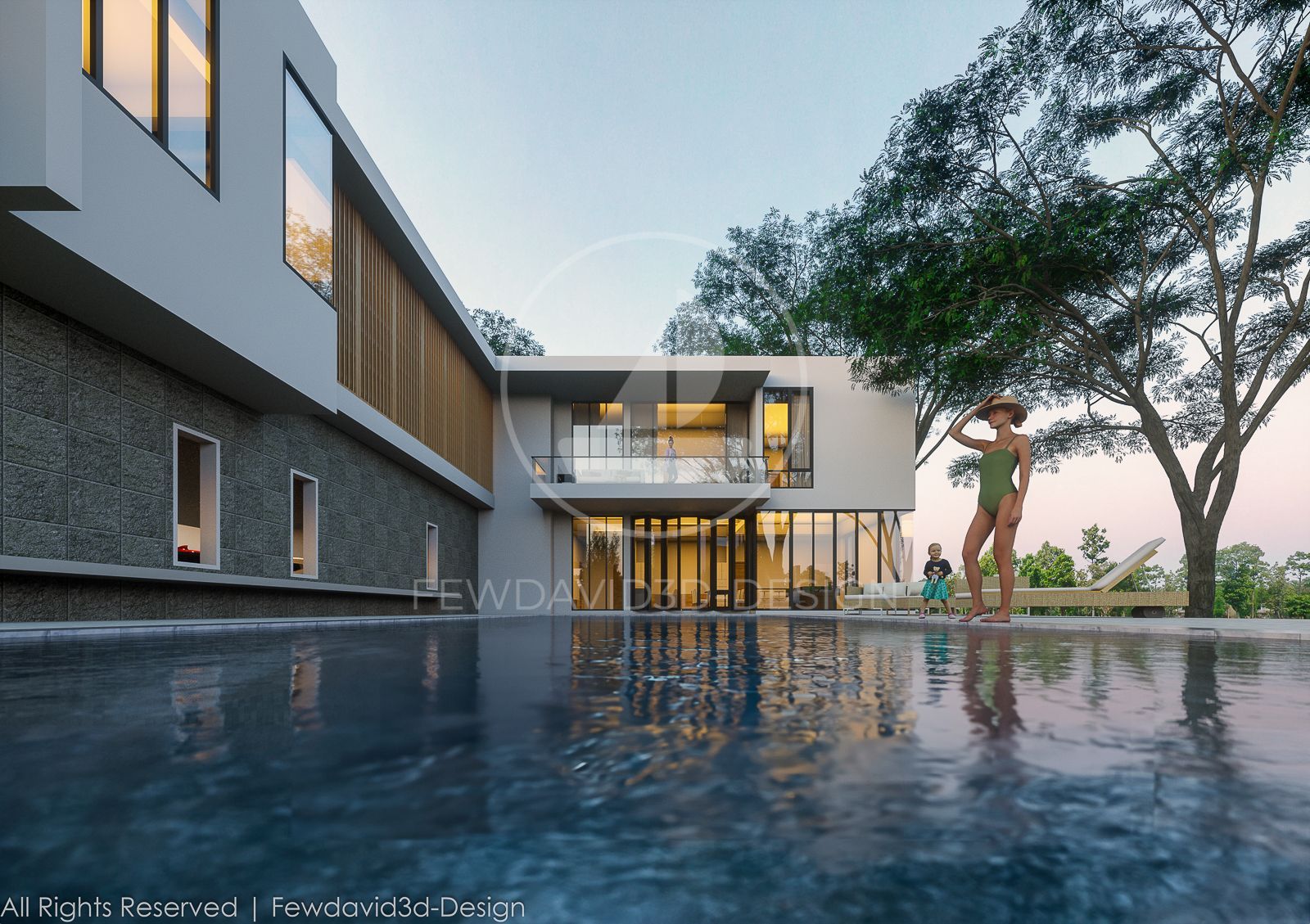 บ้านสไตล์โมเดิร์นสองชั้นพร้อมผนังกระจก เปิดรับแสงธรรมชาติ มุมมองจากสระว่ายน้ำกลางแจ้งที่ล้อมรอบด้วยต้นไม้ใหญ่ ผู้หญิงในชุดว่ายน้ำยืนอยู่ริมสระ และเด็กยืนอยู่ใกล้ๆ สร้างบรรยากาศการพักผ่อนที่เงียบสงบและผ่อนคลาย