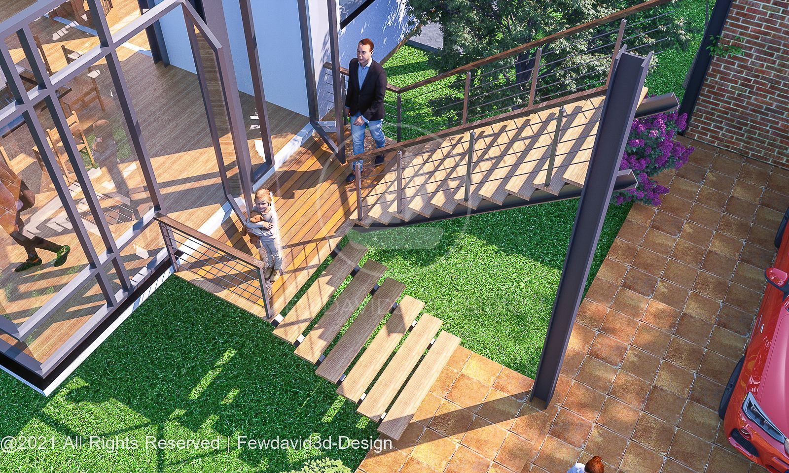 พื้นที่ระเบียงและทางเดินในบ้าน ออกแบบโดย FEWDAVID3D-DESIGN ให้ความกลมกลืนกับธรรมชาติ
