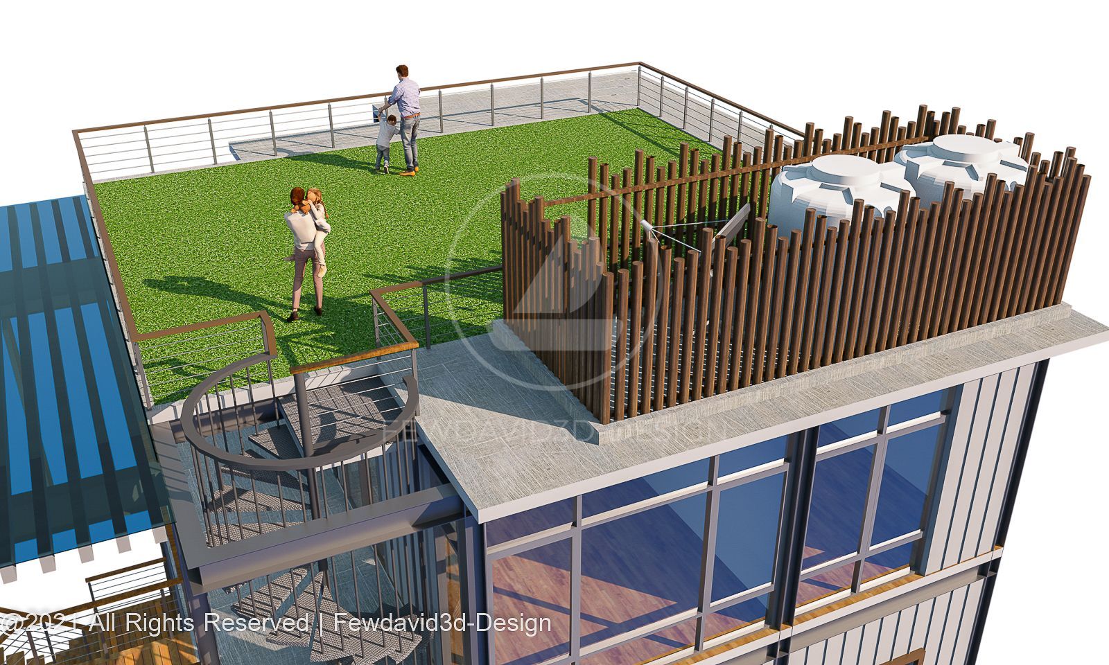 พื้นที่ดาดฟ้าพร้อมสนามหญ้าและถังเก็บน้ำ ออกแบบโดย FEWDAVID3D-DESIGN พร้อมทางขึ้นบันไดวน
