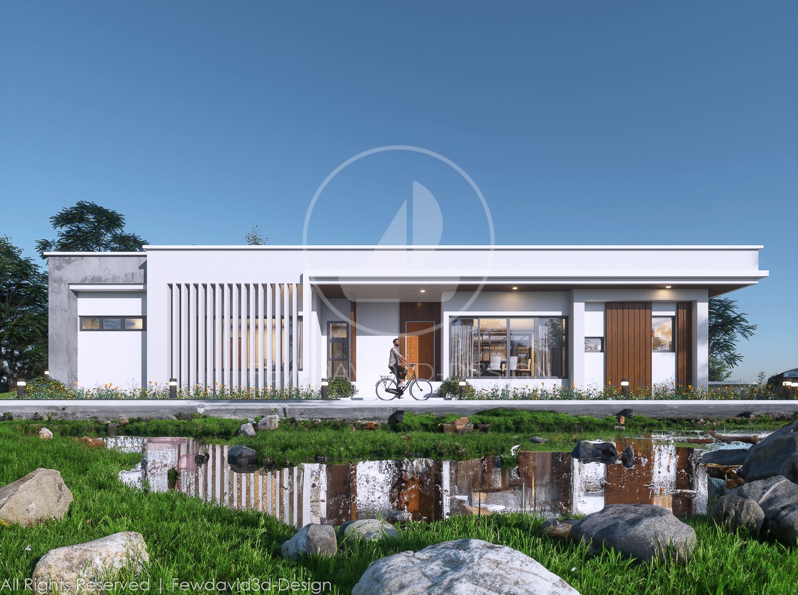 บ้านพักสไตล์โมเดิร์นหลังคาแบนออกแบบเฉพาะโดย FEWDAVID3D-DESIGN ที่ตั้งอยู่ท่ามกลางธรรมชาติในจังหวัดเพชรบูรณ์ โดดเด่นด้วยเส้นสายเรียบง่ายและวัสดุไม้ เพิ่มความหรูหราด้วยสระว่ายน้ำส่วนตัวและพื้นที่ใช้สอยกว้างขวาง