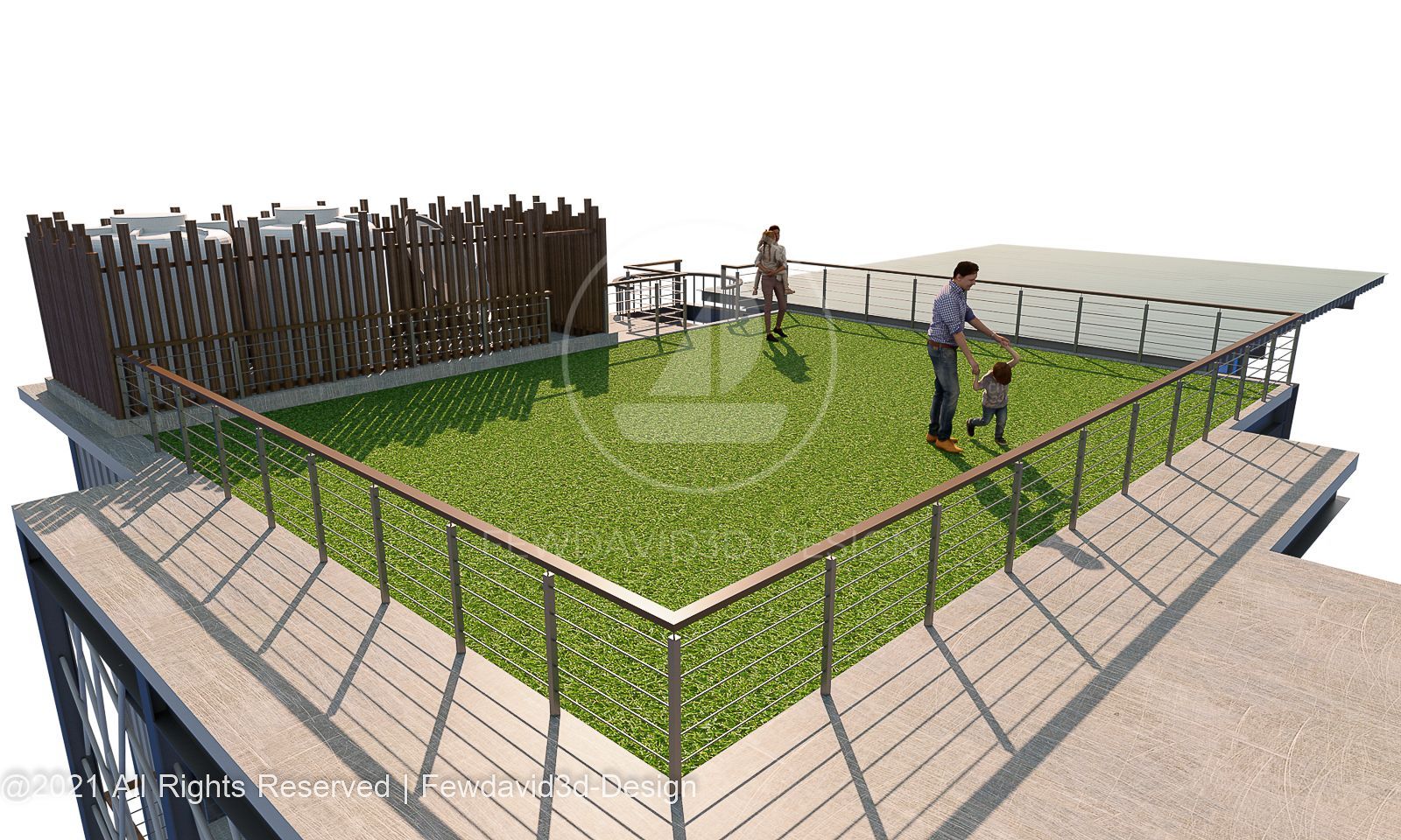 พื้นที่ดาดฟ้าพร้อมสนามหญ้าสำหรับพักผ่อน ออกแบบโดย FEWDAVID3D-DESIGN