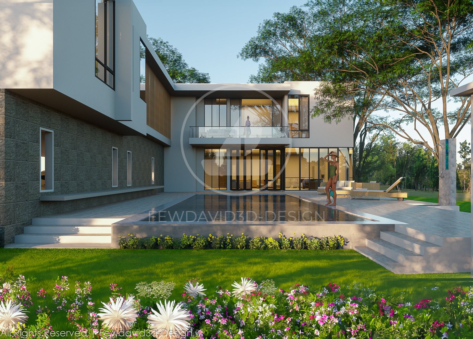 บ้านโมเดิร์นสองชั้นพร้อมผนังกระจกที่เปิดรับวิวสวนและสระว่ายน้ำ ล้อมรอบด้วยต้นไม้ใหญ่และดอกไม้หลากสีในสนามหญ้า ผู้หญิงยืนอยู่ริมสระ เพิ่มบรรยากาศการพักผ่อนที่สดชื่นและสงบเงียบในธรรมชาติ