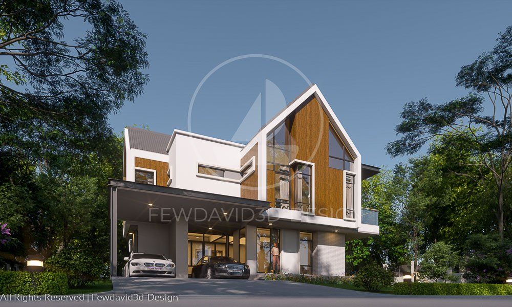 บ้านพักหลังคาจั่วสไตล์โมเดิร์น สองชั้น พร้อมพื้นที่สีเขียวสบายตา ออกแบบโดย FEWDAVID3D