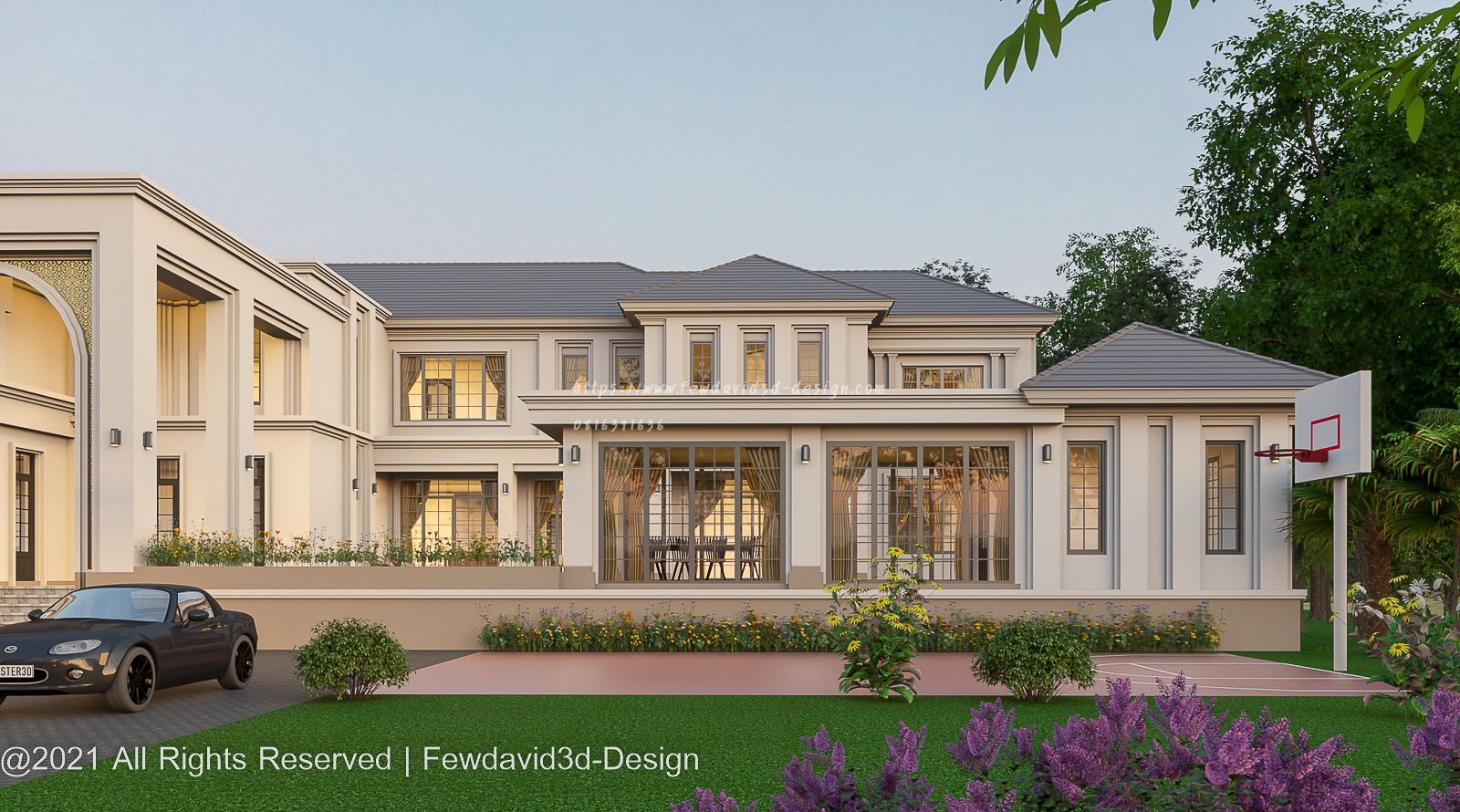 ภาพเรนเดอร์ แบบบ้านโมเดิร์นคลาสสิค 2 ชั้น พร้อมสระว่ายน้ำและโรงจอดรถ จ.ระยอง FEWDAVID3D-DESIGN