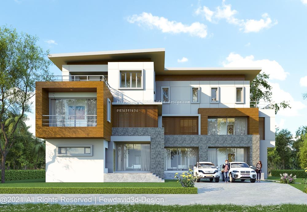 บ้านโมเดิร์นหน้ากว้าง ฟาซาดลายไม้สวยงาม รับออกแบบบ้านโมเดิร์น
