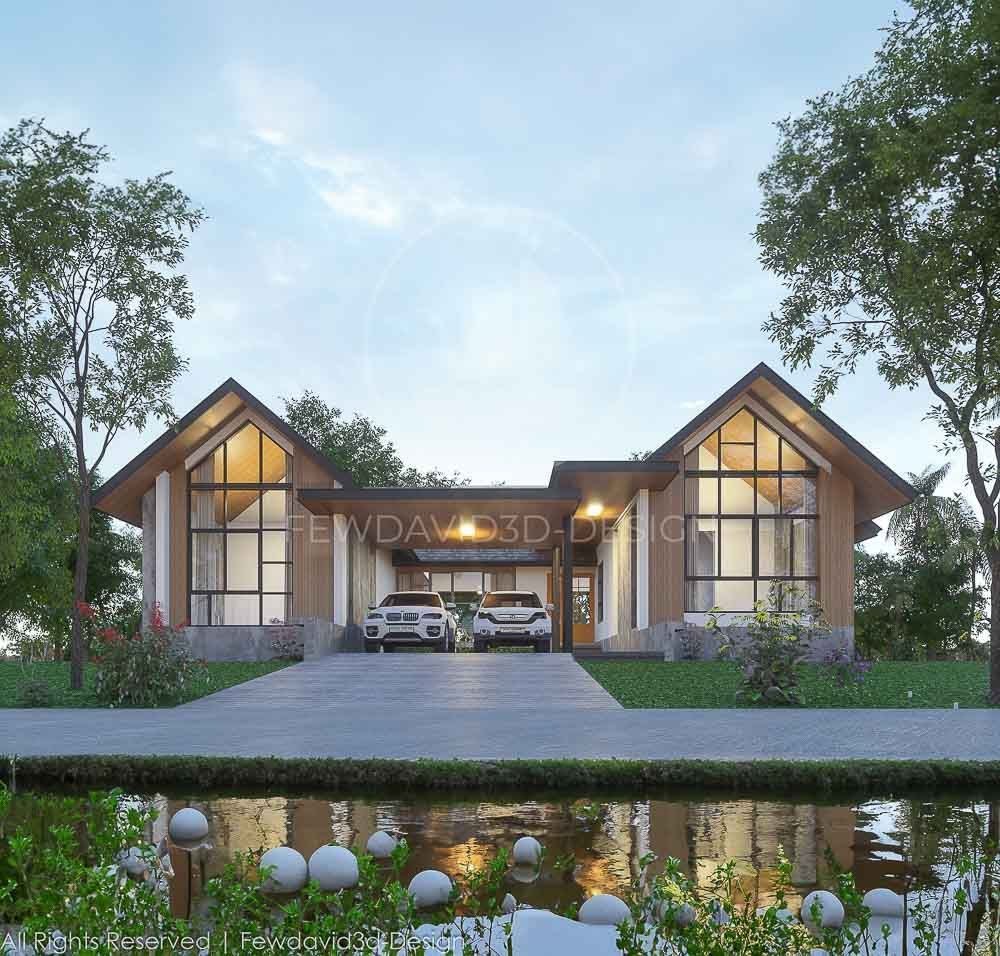 บ้านชั้นเดียว 4 ห้องนอน 3 ห้องน้ำ ออกแบบตามหลักฮวงจุ้ย เสริมพลังบวก โชคลาภ ผลงานออกแบบบ้านจาก FEWDAVID3D-DESIGN
