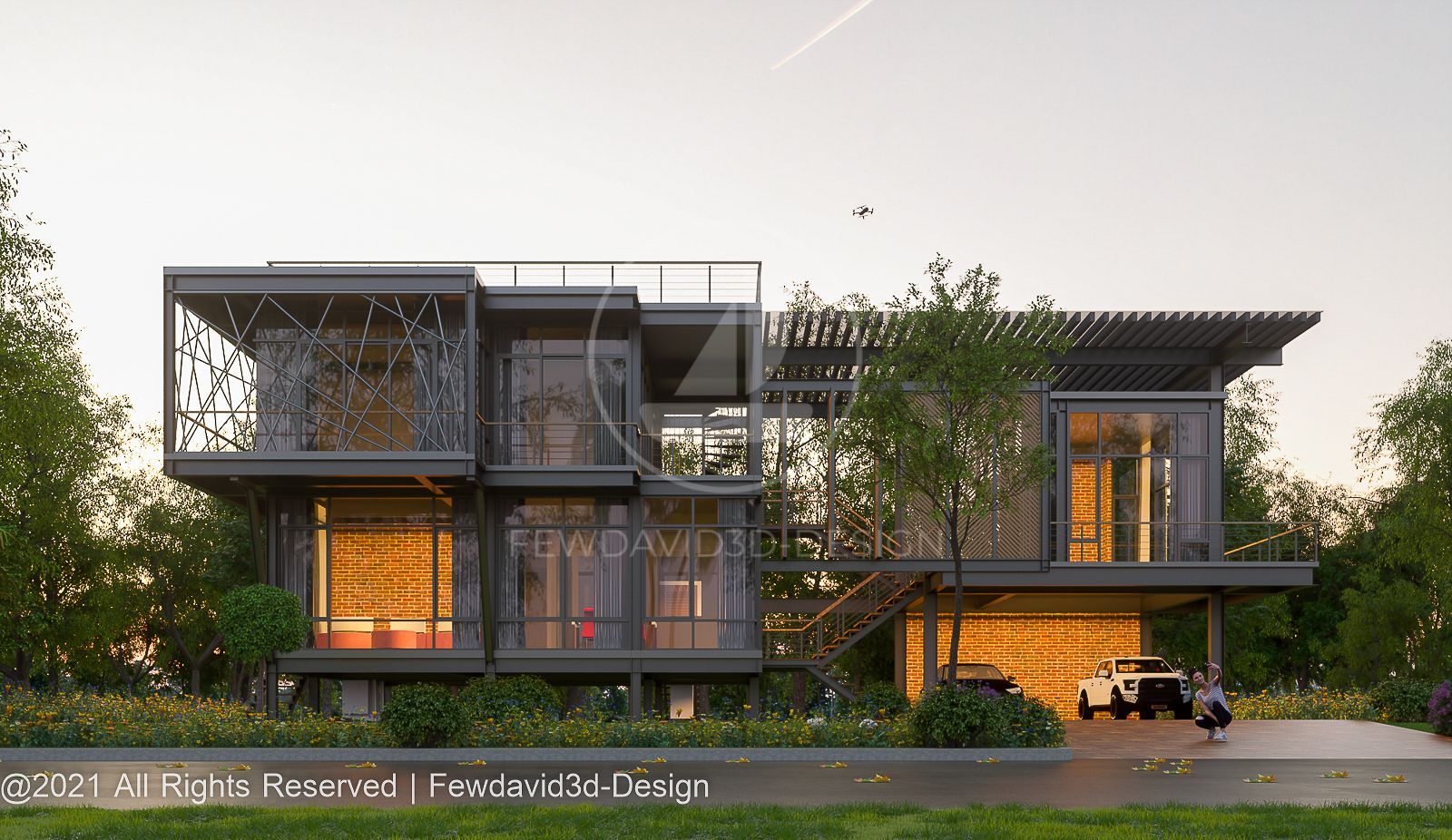 บ้านสองชั้นสไตล์โมเดิร์น ออกแบบโดย FEWDAVID3D-DESIGN พร้อมที่จอดรถและระเบียงนั่งเล่น