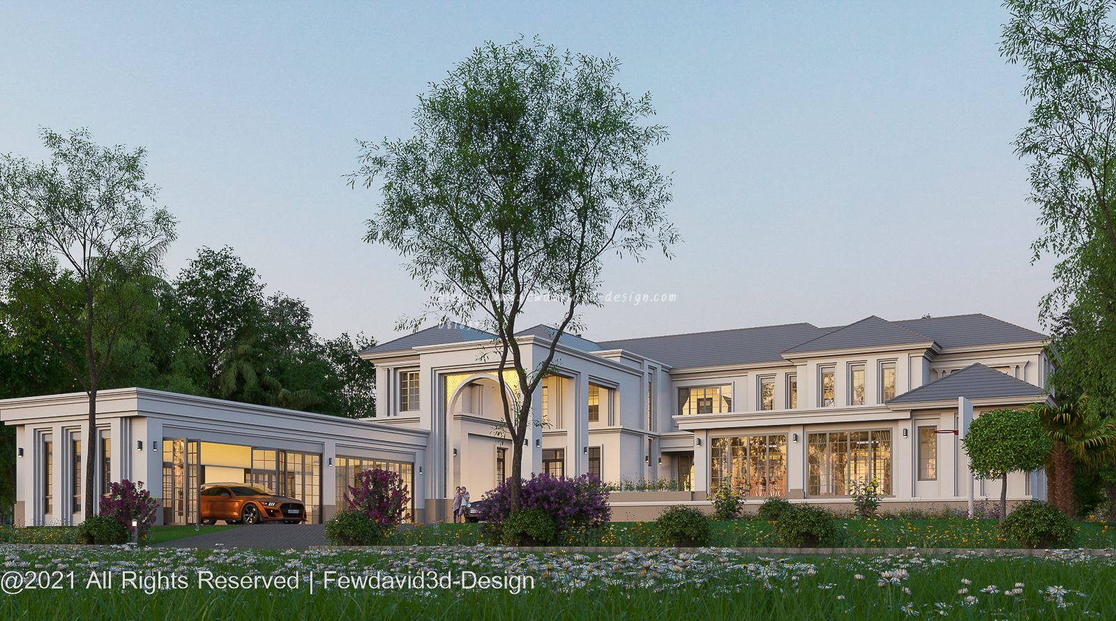 ภาพเรนเดอร์ แบบบ้านโมเดิร์นคลาสสิค 2 ชั้น พร้อมสระว่ายน้ำและโรงจอดรถ จ.ระยอง FEWDAVID3D-DESIGN