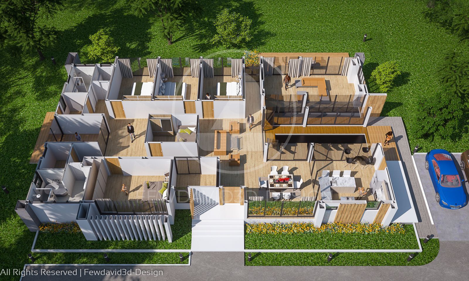 มุมมองจากด้านบนของบ้านสไตล์โมเดิร์น ออกแบบโดย FEWDAVID3D-DESIGN มีการจัดวางห้องนอน ห้องนั่งเล่น พื้นที่รับประทานอาหาร และสระว่ายน้ำภายในบ้าน พร้อมการใช้พื้นที่ภายนอกที่เชื่อมต่อกับธรรมชาติรอบบ้าน