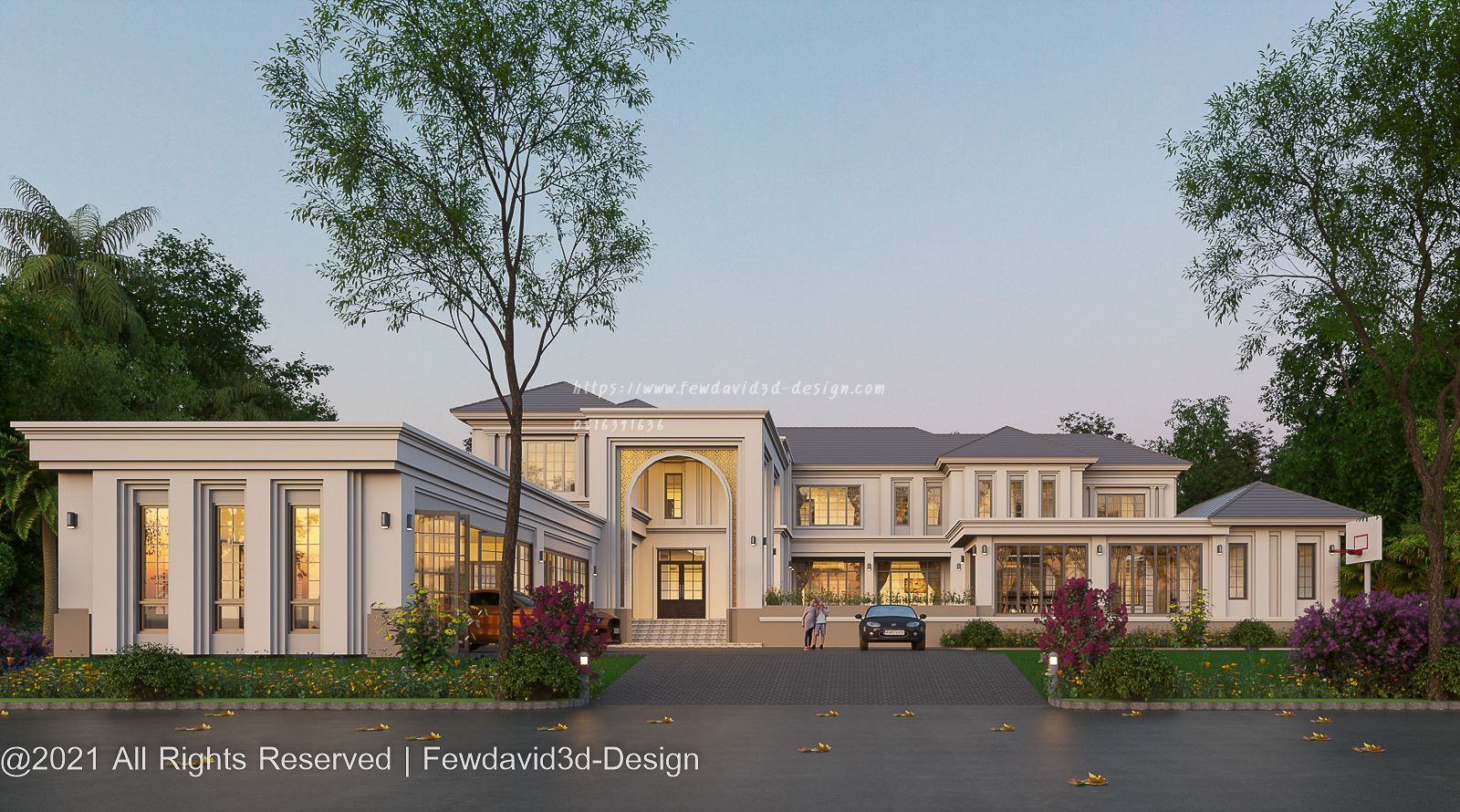 ภาพเรนเดอร์ แบบบ้านโมเดิร์นคลาสสิค 2 ชั้น พร้อมสระว่ายน้ำและโรงจอดรถ จ.ระยอง FEWDAVID3D-DESIGN