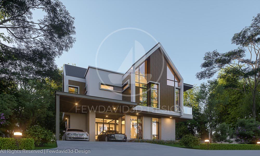 บ้านพักหลังคาจั่วสไตล์โมเดิร์น สองชั้น พร้อมพื้นที่สีเขียวสบายตา ออกแบบโดย FEWDAVID3D