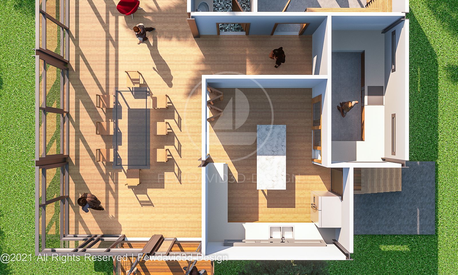 แปลนบ้านมุมมองด้านบน แสดงพื้นที่รับประทานอาหารและครัวไทย ออกแบบโดย FEWDAVID3D-DESIGN