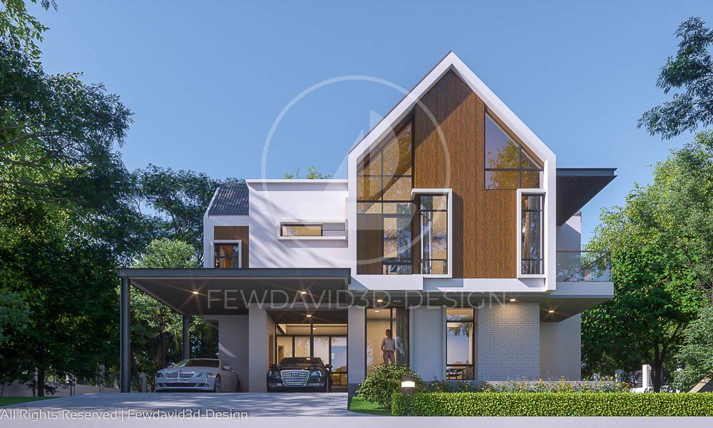 บ้านพักหลังคาจั่วสไตล์โมเดิร์น สองชั้น พร้อมพื้นที่สีเขียวสบายตา ออกแบบโดย FEWDAVID3D