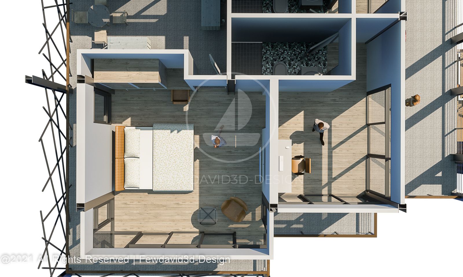 แปลนห้องทำงานและห้องน้ำในชั้นสอง มุมมองจากด้านบน ออกแบบโดย FEWDAVID3D-DESIGN
