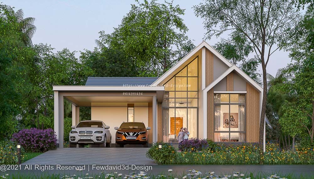 บ้านพักอาศัยชั้นเดียว สไตล์โมเดิร์นร่วมสมัย ออกแบบให้มีพื้นที่จอดรถในร่ม พร้อมพื้นที่สวนสีเขียวโดยรอบ สร้างบรรยากาศอบอุ่นและร่มรื่น