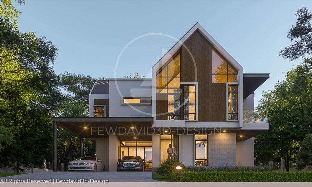 บ้านพักหลังคาจั่วสไตล์โมเดิร์น สองชั้น พร้อมพื้นที่สีเขียวสบายตา ออกแบบโดย FEWDAVID3D