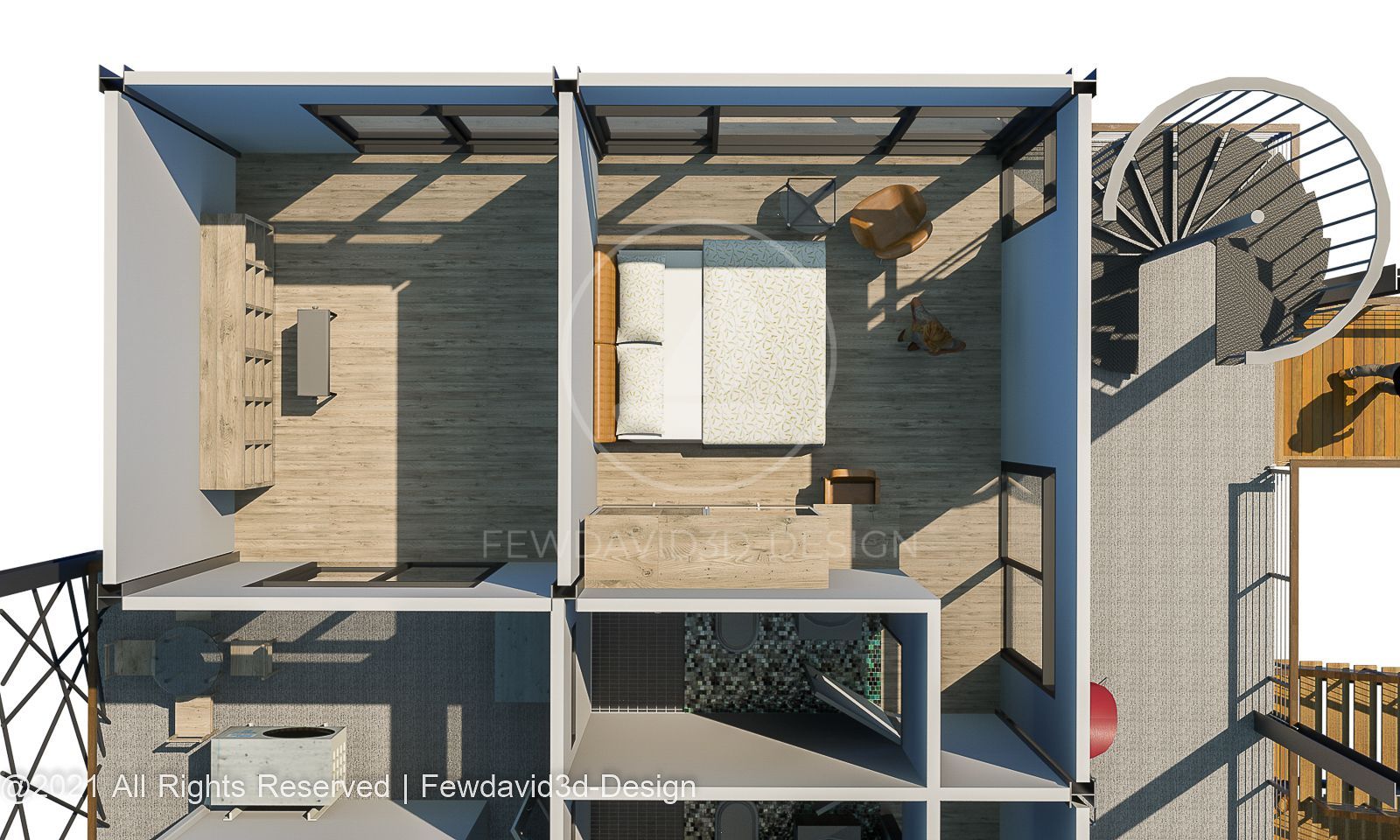 แปลนห้องนอนที่สองและห้องพระ มุมมองจากด้านบน ออกแบบโดย FEWDAVID3D-DESIGN