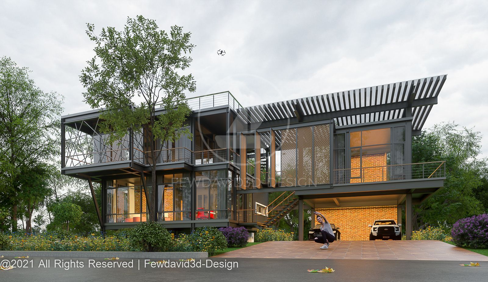 บ้านสไตล์โมเดิร์นสองชั้น ออกแบบโดย FEWDAVID3D-DESIGN พร้อมที่จอดรถใต้บ้านและสวนตกแต่ง