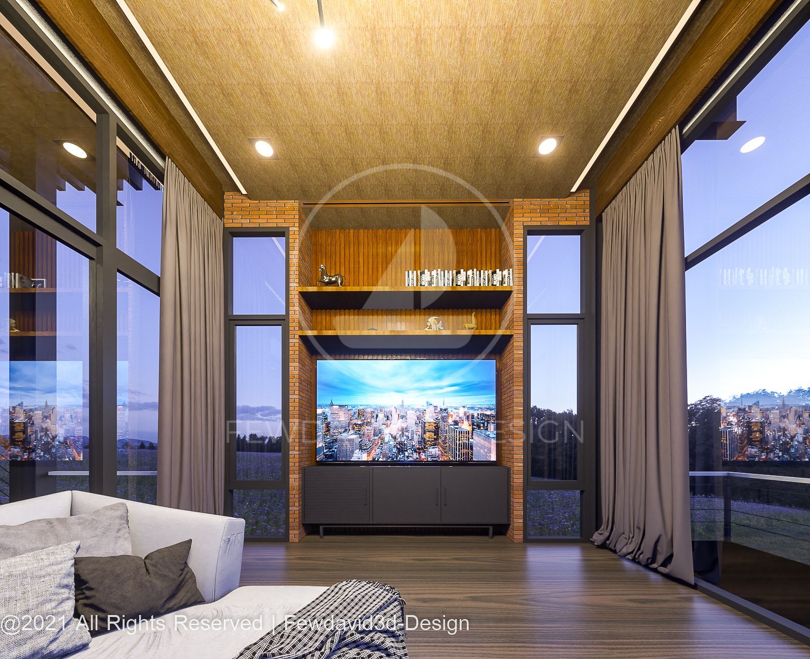 ห้องนั่งเล่นภายในบ้านสไตล์โมเดิร์น พร้อมผนังกระจกและทีวี ออกแบบโดย FEWDAVID3D-DESIGN