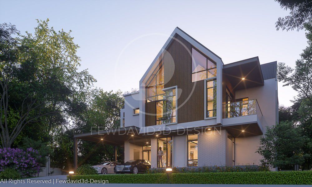 บ้านพักหลังคาจั่วสไตล์โมเดิร์น สองชั้น พร้อมพื้นที่สีเขียวสบายตา ออกแบบโดย FEWDAVID3D