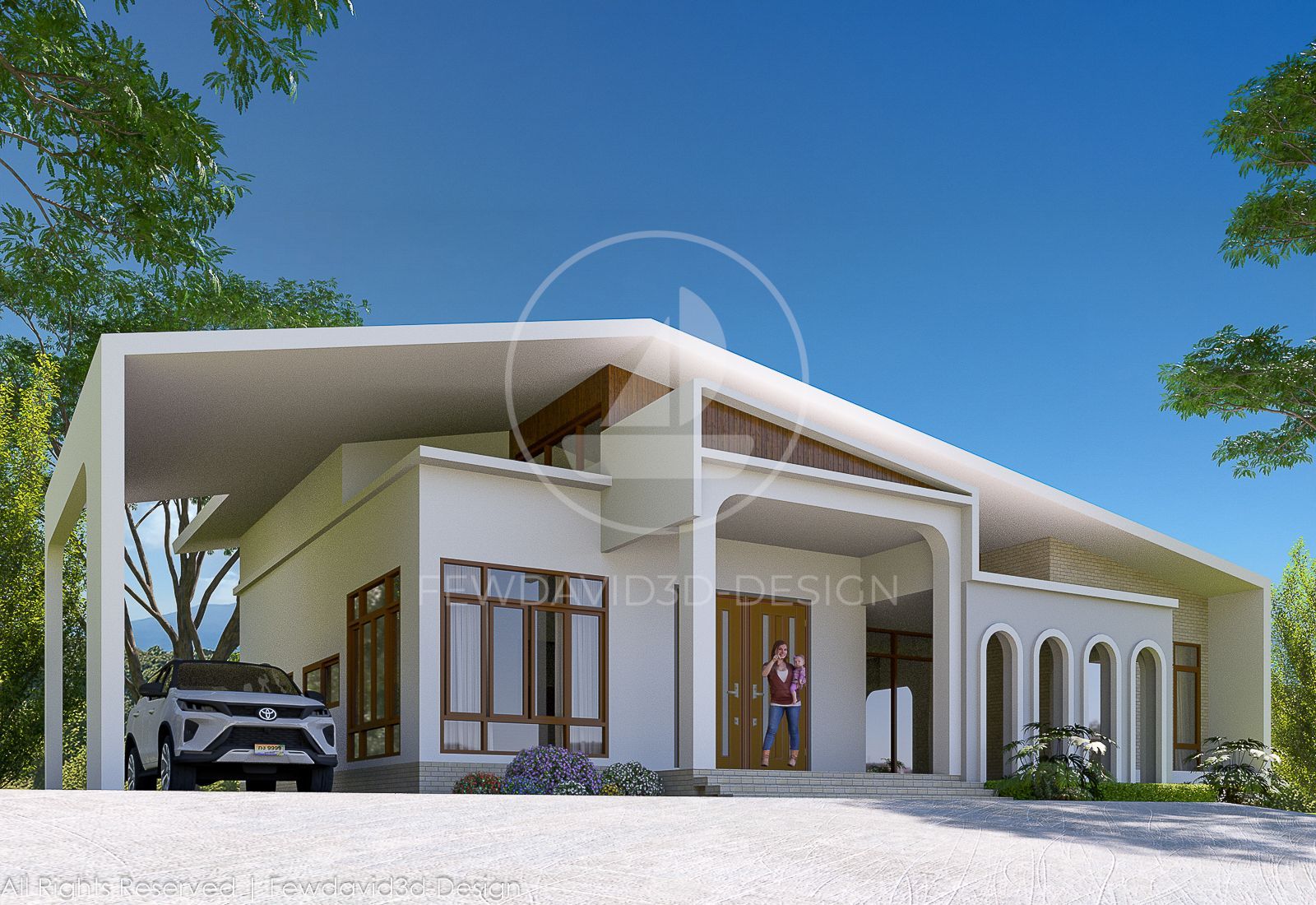 บ้านหลังใหญ่ในสไตล์โมเดิร์น ตั้งอยู่ท่ามกลางป่าเขียวขจี มีหน้าต่างกระจกขนาดใหญ่และซุ้มโค้งบริเวณหน้าบ้าน