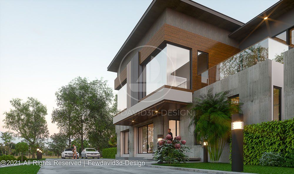 โฮมออฟฟิศ 2 ชั้น สไตล์โมเดิร์น พร้อม 4 ห้องนอน 6 ห้องน้ำ การออกแบบเน้นความทันสมัยและพื้นที่สีเขียวที่สร้างความร่มรื่นให้กับอาคาร