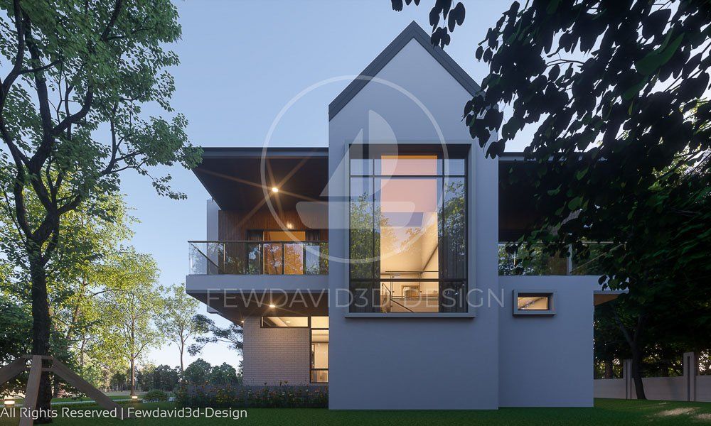 บ้านพักหลังคาจั่วสไตล์โมเดิร์น สองชั้น พร้อมพื้นที่สีเขียวสบายตา ออกแบบโดย FEWDAVID3D