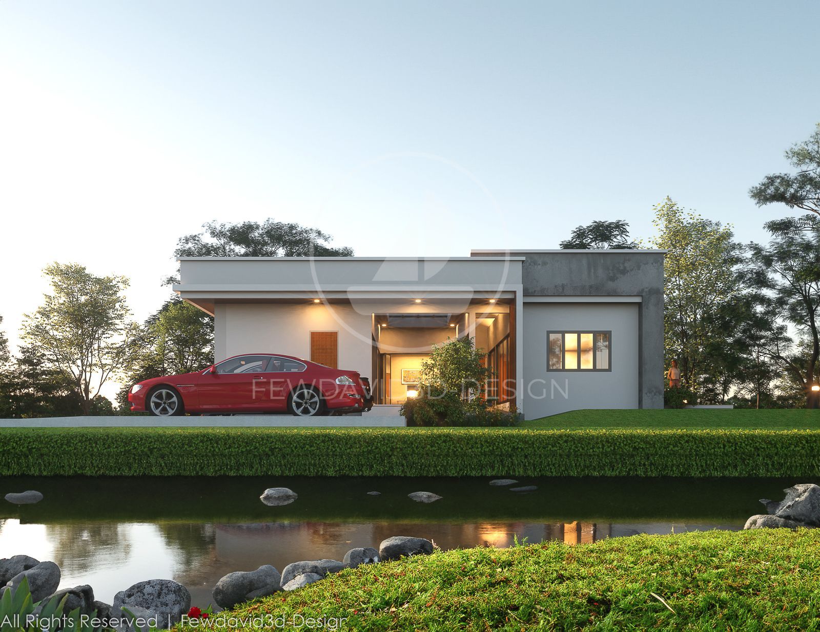 บ้านพักสไตล์โมเดิร์นหลังคาแบนออกแบบเฉพาะโดย FEWDAVID3D-DESIGN ที่ตั้งอยู่ท่ามกลางธรรมชาติในจังหวัดเพชรบูรณ์ โดดเด่นด้วยเส้นสายเรียบง่ายและวัสดุไม้ เพิ่มความหรูหราด้วยสระว่ายน้ำส่วนตัวและพื้นที่ใช้สอยกว้างขวาง