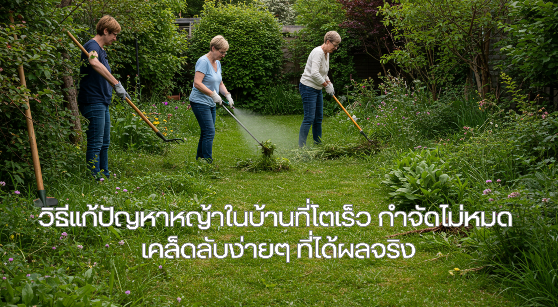 กลุ่มคนกำลังทำความสะอาดสวนในบ้าน โดยใช้เครื่องมือทำสวน เช่น คราด และจอบ เพื่อกำจัดหญ้าที่เติบโตเร็วและรก ภาพแสดงถึงการทำงานร่วมกันในพื้นที่สีเขียวที่เต็มไปด้วยต้นไม้และดอกไม้หลากชนิด