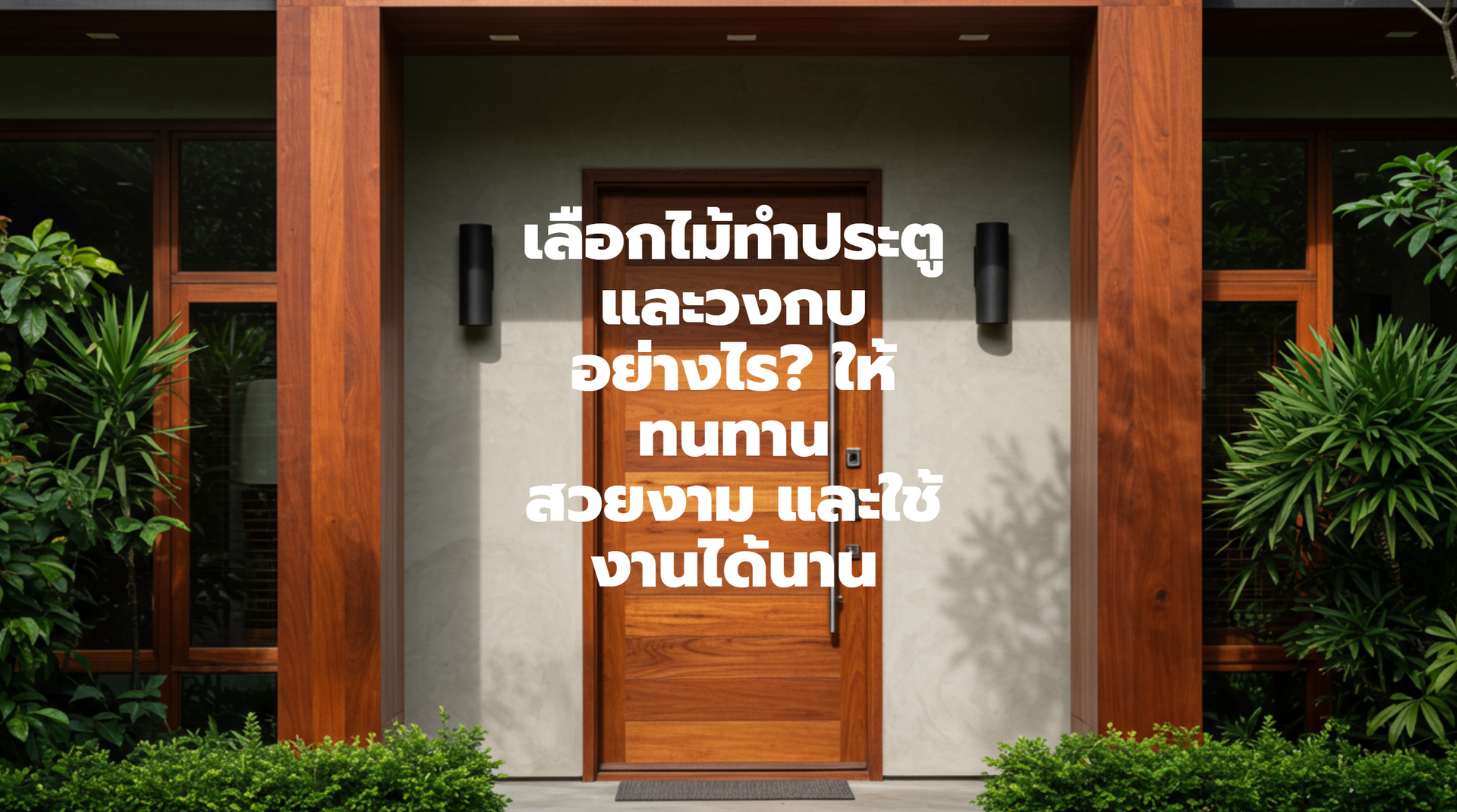 ประตูบ้านทำจากไม้เนื้อแข็งสีสวยงาม พร้อมวงกบไม้ขนาดใหญ่ ออกแบบให้มีความทนทาน ท่ามกลางต้นไม้และพืชสีเขียวโดยรอบ เพิ่มความอบอุ่นและสวยงามให้กับบ้าน