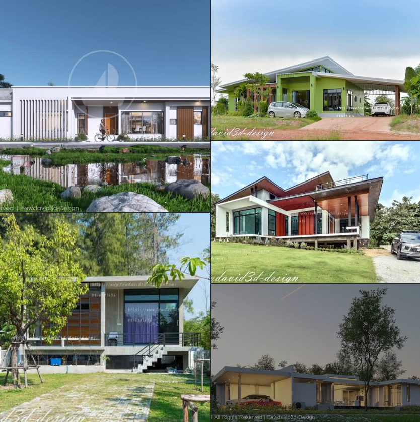 ภาพรวมของแบบบ้านสไตล์โมเดิร์นที่มีการออกแบบที่หลากหลาย ทั้งบ้านชั้นเดียวและบ้านสองชั้น โดยแต่ละหลังมีเอกลักษณ์เฉพาะตัว เช่น หลังคาทรงจั่ว บ้านทรงกล่อง และบ้านที่มีการผสมผสานไม้กับกระจกเพื่อให้ดูทันสมัยและกลมกลืนกับธรรมชาติ บางหลังมีพื้นที่สีเขียวรอบบ้าน เพิ่มความร่มรื่น และบางหลังมีพื้นที่ใช้สอยกว้างขวางพร้อมที่จอดรถ เหมาะสำหรับการอยู่อาศัยที่ให้ความรู้สึกอบอุ่นและทันสมัย