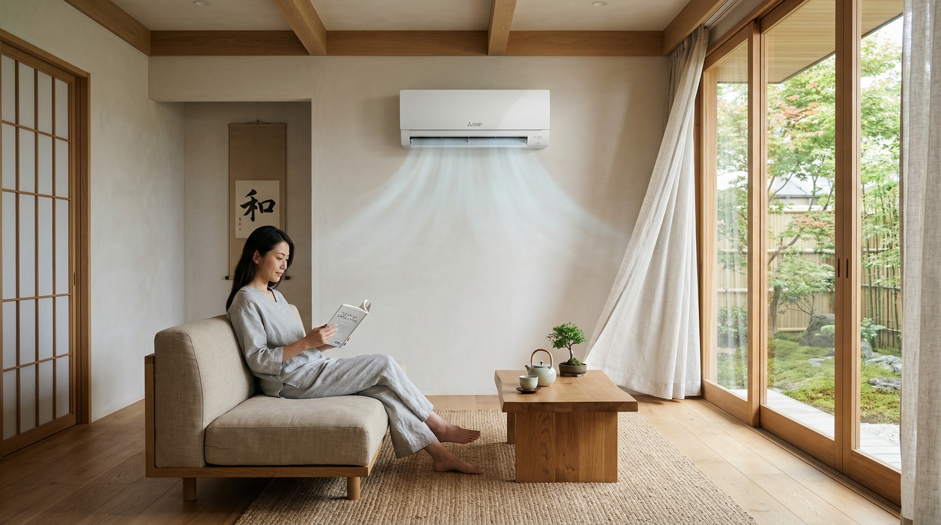 minimal clean interior room with a Mitsubishi Electric air conditioner on the wall, soft cool air flowing, peaceful simple lifestyle, Japanese design philosophy, warm natural materials, wood and neutral colors, calm and reliable feeling, soft daylight, photorealistic, modern minimalist atmosphere, ultra realistic