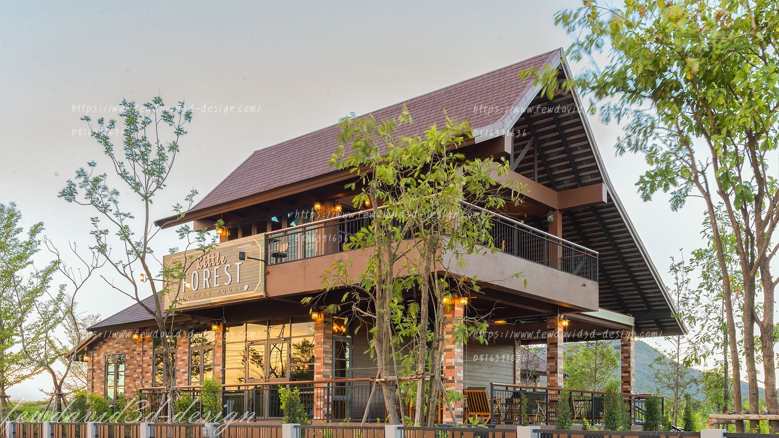 ร้านกาแฟ Little Forest Coffee House ที่แก่งกระจาน มีอาคารสองชั้นสไตล์ลอฟท์ โมเดิร์น โครงสร้างใช้วัสดุอิฐและไม้ ล้อมรอบด้วยต้นไม้และสวนธรรมชาติ