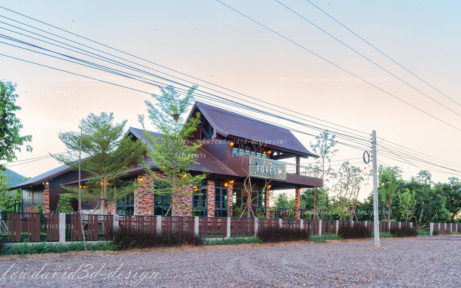 ภาพตัวอาคาร Little Forest Coffee House ที่แก่งกระจาน ตกแต่งด้วยวัสดุไม้และอิฐ พร้อมระเบียงเปิดกว้างให้ลูกค้าชมวิวธรรมชาติ