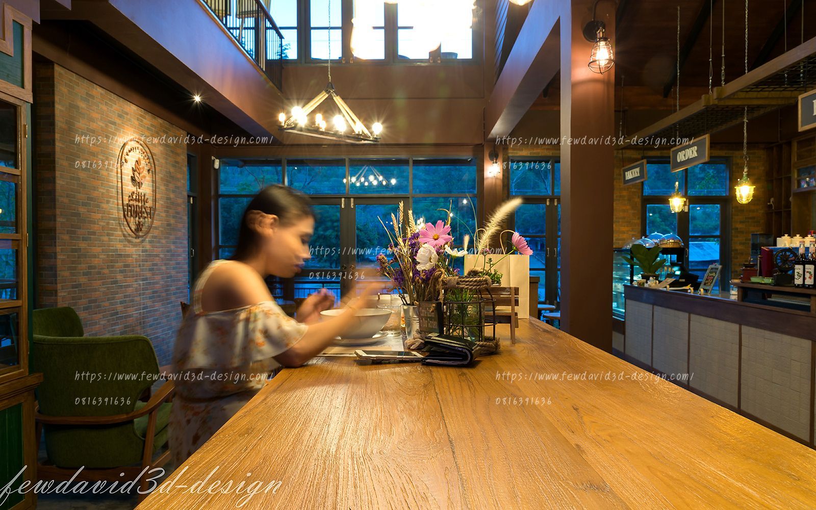 ภาพภายใน Little Forest Coffee House ตกแต่งด้วยไม้และอิฐ ผสมผสานสไตล์ลอฟท์และธรรมชาติ แสงไฟอบอุ่นเพิ่มความรู้สึกผ่อนคลาย