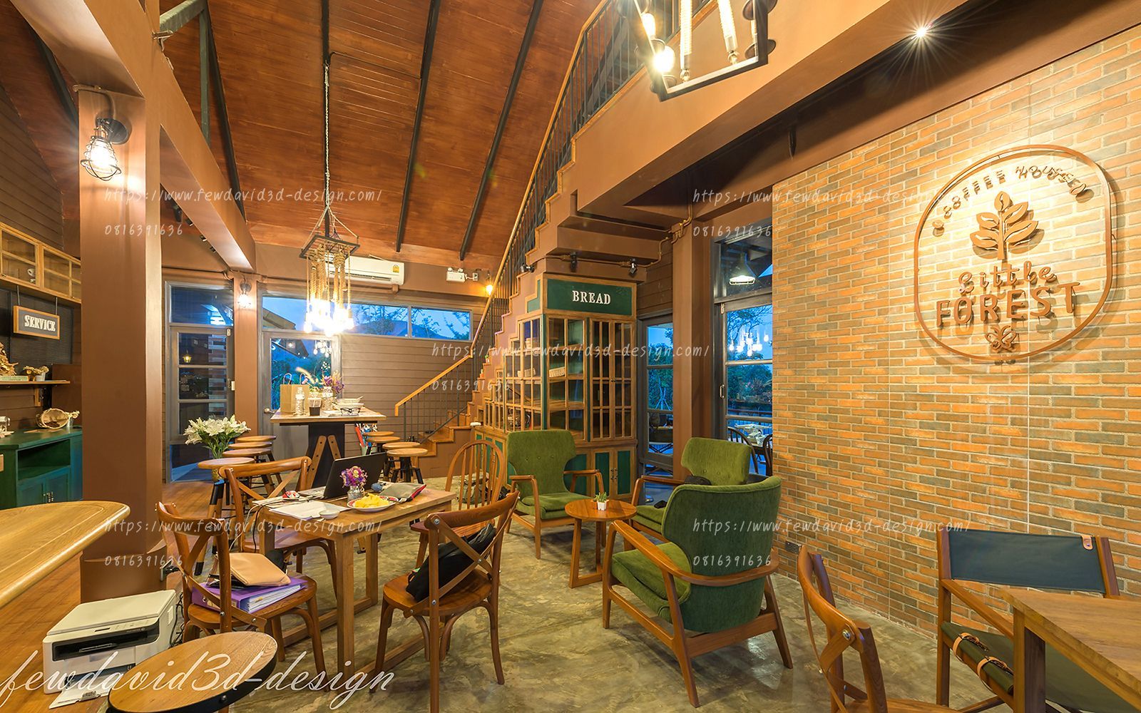 ภาพการตกแต่งภายใน Little Forest Coffee House ใช้เฟอร์นิเจอร์ไม้และเหล็ก โทนสีอบอุ่นพร้อมแชนเดอเลียและไฟแขวนสไตล์วินเทจ ให้บรรยากาศสบายและอบอุ่น
